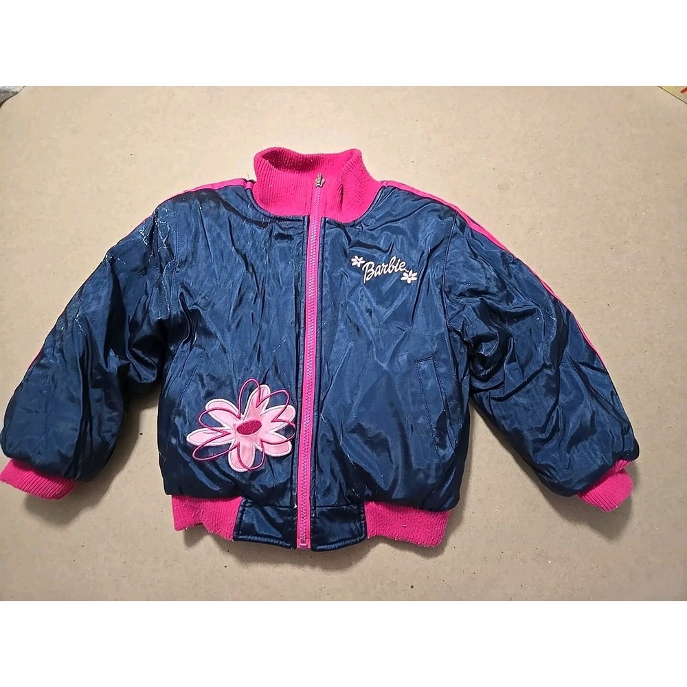 Kids Barbie Bomber‎ Jacket Navy Pink Flower Zip Up Track Style Outerwear Size 6